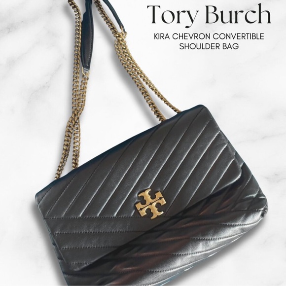 Tory Burch Handbags - Tory Burch Black Chevron Shoulder Bag with Gold Chain